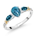 thumbnail image 1 of Gem Stone King 925 Silver 10K Yellow Gold Pear Shape London Blue Topaz and White Lab Grown Diamond Engagement Ring for Women (1.22 Cttw, Gemstone November Birthstone, Size 8), 1 of 4