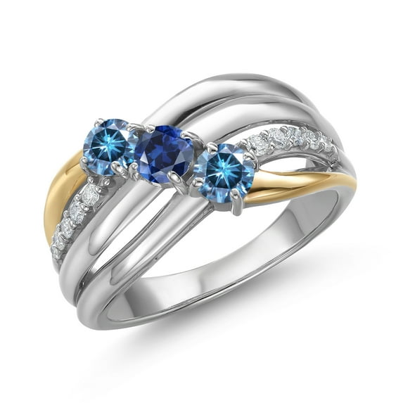 Gem Stone King 925 Silver and 10K Yellow Gold Persian Blue Moissanite and Blue Created Sapphire and Lab Grown Diamond Engagement Ring for Women | 0.86 Cttw | Round 4MM | Birthstone | Size 5