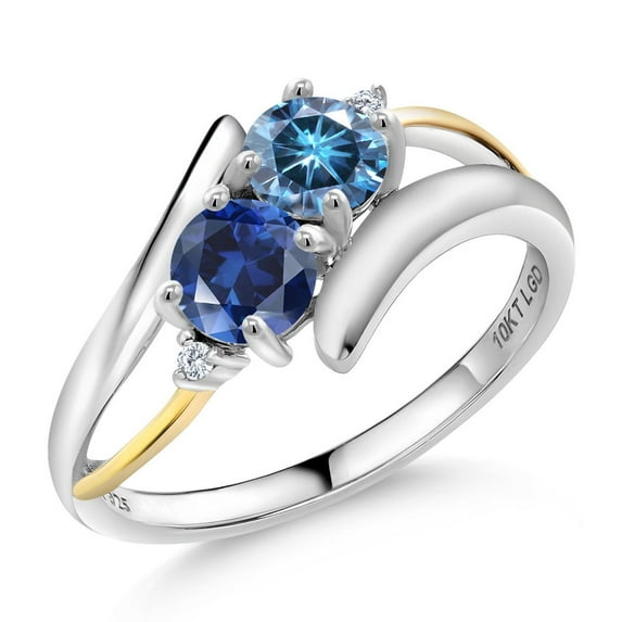 Gem Stone King 925 Silver and 10K Yellow Gold Persian Blue Moissanite and Blue Created Sapphire and White Moissanite 2-Stone Crossover Ring for Women (1.12 Cttw, Size 6)