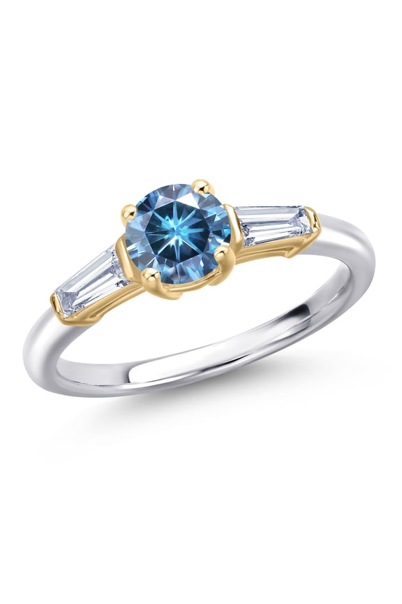 925 Silver and 10K Yellow Gold Persian Blue Moissanite and Lab Grown Diamond Engagement Ring for Women | 1.10 Cttw | Round 6MM | Gemstone Birthstone | Size 7