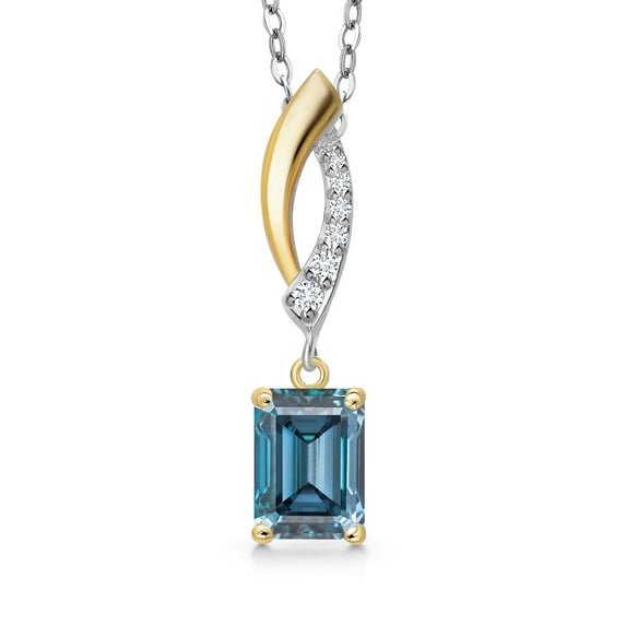 Gem Stone King 925 Silver and 10K Yellow Gold Persian Blue Moissanite and Lab Grown Diamond Pendant Necklace for Women | 1.03 Cttw | Gemstone Birthstone | Octagon 7X5MM | With 18 inch Chain