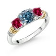 thumbnail image 1 of Gem Stone King 925 Silver and 10K Yellow Gold Persian Blue Moissanite and Red Created Ruby and Diamond 3-Stone Ring for Women (1.76 Cttw, Gemstone Birthstone, Cushion 6MM and 4MM, Size 8), 1 of 3