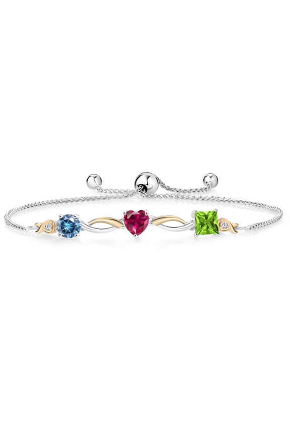 925 Silver and 10K Yellow Gold Persian Blue Moissanite Red Created Ruby Green Peridot and Lab Grown Diamond Tennis Bracelet for Women By Keren Hanan (2.19 cttw, Adjustable up To 9 inch)