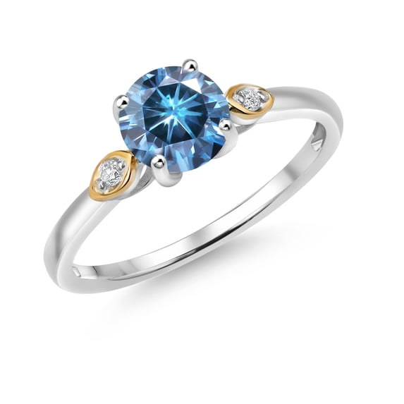 Gem Stone King 925 Silver and 10K Yellow Gold Persian Blue Moissanite and White Lab Grown Diamond 3-Stone Engagement Ring for Women (1.03 Cttw, Gemstone Birthstone, Size 8)
