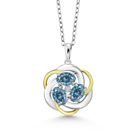 Gem Stone King 925 Silver and 10K Yellow Gold Persian Blue Moissanite and White Lab Grown Diamond Pendant Necklace for Women | 1.36 Cttw | Gemstone Birthstone | Oval 6X4MM | With 18 inch Chain