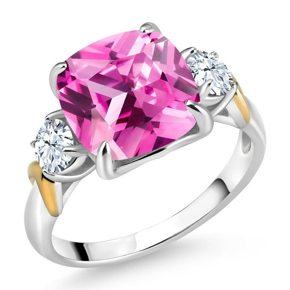 Gem Stone King 925 Silver and 10K Yellow Gold Pink Created Sapphire 3 Stone Ring for Women (5.30 Cttw, Gemstone September Birthstone, Cushion 10MM, Round 4MM, Size 5)