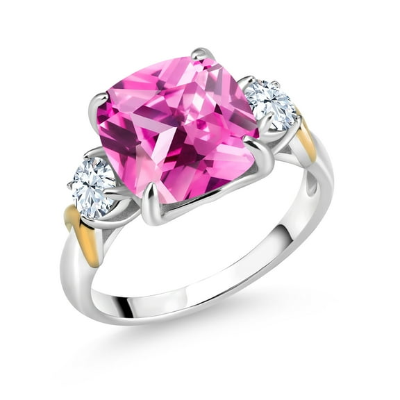 Gem Stone King 925 Silver and 10K Yellow Gold Pink Created Sapphire 3 Stone Ring for Women (5.30 Cttw, Gemstone September Birthstone, Cushion 10MM, Round 4MM, Size 5)