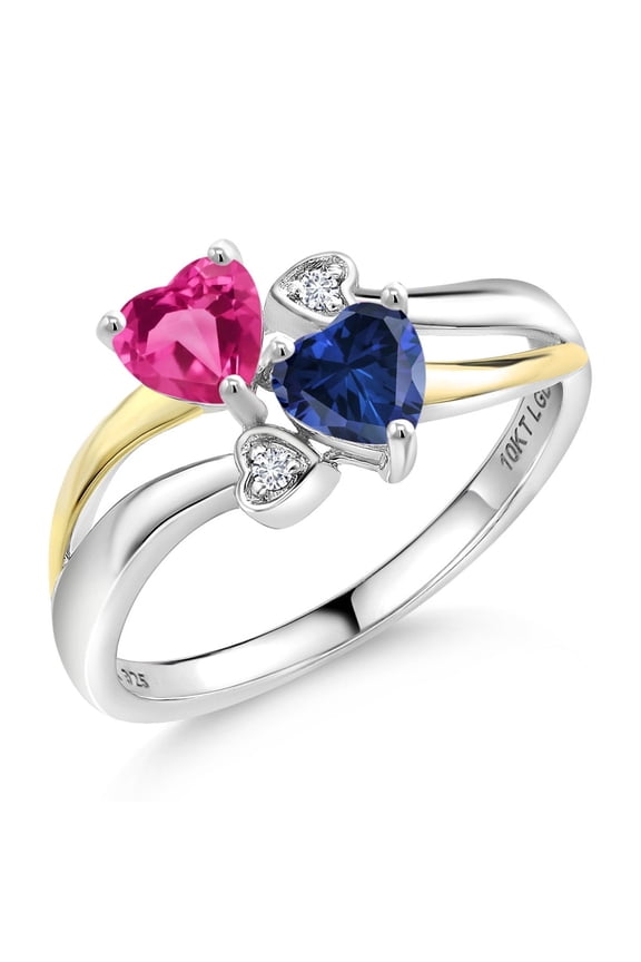 925 Silver and 10K Yellow Gold Pink Created Sapphire and Blue Created Sapphire and Lab Grown Diamond Ring for Women (1.12 Cttw, Heart Shape 5MM, Size 5)
