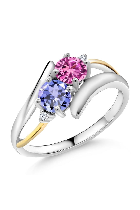 925 Silver and 10K Yellow Gold Pink Created Sapphire Blue Tanzanite and White Lab Grown Diamond Two Stone Crossover Ring for Women (1.03 Cttw, Size 7)