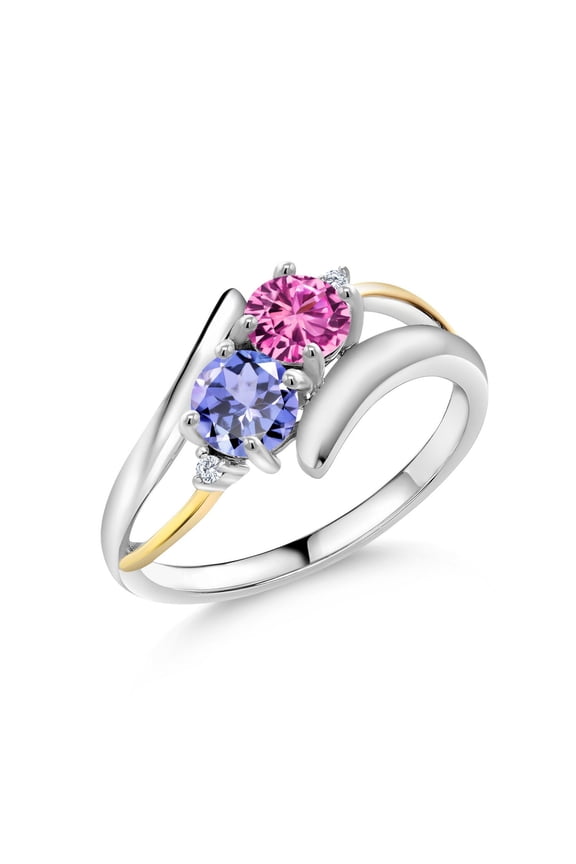 925 Silver and 10K Yellow Gold Pink Created Sapphire Blue Tanzanite and White Lab Grown Diamond Two Stone Crossover Ring for Women (1.03 Cttw, Size 7)