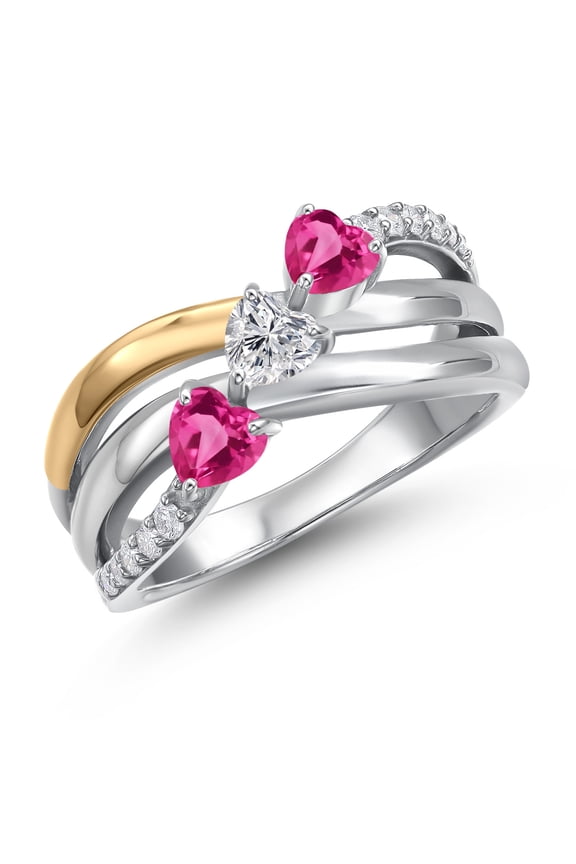 925 Silver and 10K Yellow Gold Pink Created Sapphire and Lab Grown DiamondEngagement Ring for Women | 1.38 Cttw | Heart Shape Gemstone September Birthstone | Size 8