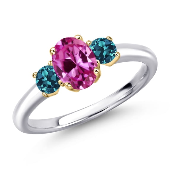 Gem Stone King 925 Silver and 10K Yellow Gold Pink Created Sapphire and London Blue Topaz Engagement Ring for Women | 1.34 Cttw | Oval 7X5MM | Gemstone September Birthstone | Size 5