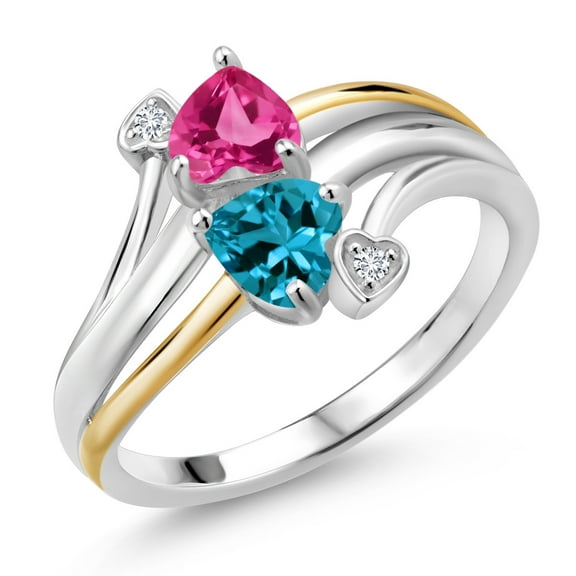 Gem Stone King 925 Silver and 10K Yellow Gold Pink Created Sapphire London Blue Topaz and Lab Grown Diamond 2 Heart Promise Couple Engagement Mother Ring (1.17 Cttw, Size 6)