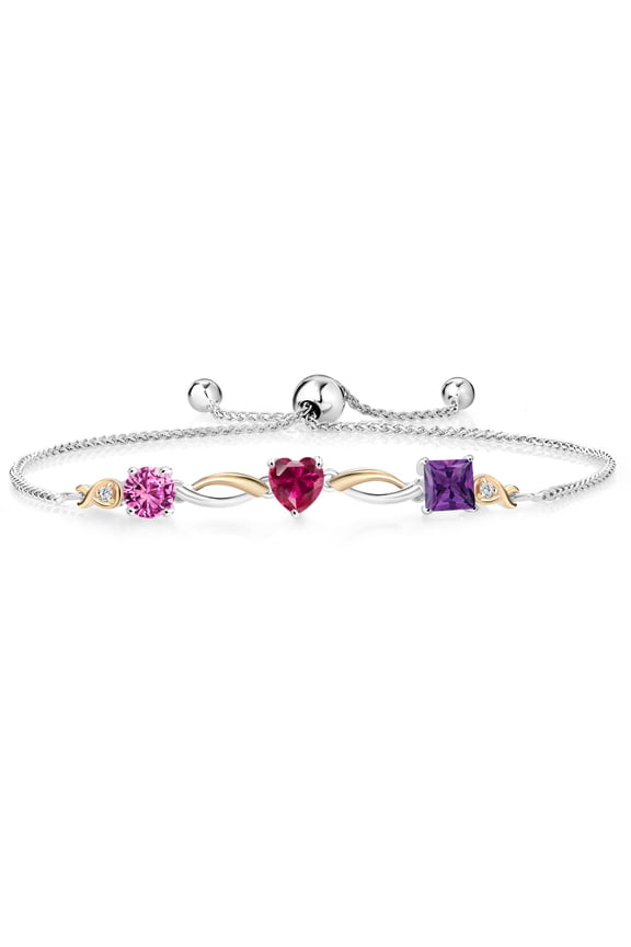 925 Silver and 10K Yellow Gold Pink Created Sapphire Red Created Ruby Purple Amethyst and Lab Grown Diamond Tennis Bracelet for Women By Keren Hanan (2.16 cttw, Adjustable up To 9 inch)
