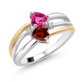 thumbnail image 1 of Gem Stone King 925 Silver and 10K Yellow Gold Pink Created Sapphire and Red Garnet and White Lab Grown Diamond Band Ring for Women (1.22 Cttw, Gemstone September Birthstone, Heart Shape 5MM, Size 5), 1 of 3
