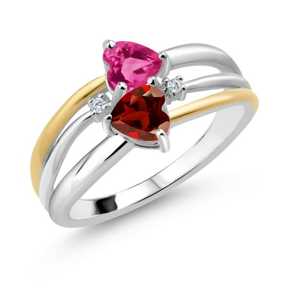 Gem Stone King 925 Silver and 10K Yellow Gold Pink Created Sapphire and Red Garnet and White Lab Grown Diamond Band Ring for Women (1.22 Cttw, Gemstone September Birthstone, Heart Shape 5MM, Size 7)
