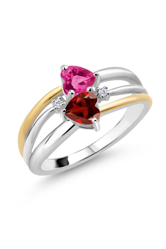 925 Silver and 10K Yellow Gold Pink Created Sapphire and Red Garnet and White Lab Grown Diamond Band Ring for Women (1.22 Cttw, Gemstone September Birthstone, Heart Shape 5MM, Size 6)