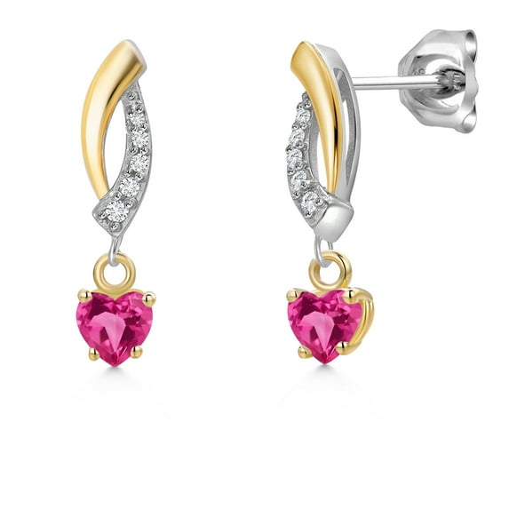 Gem Stone King 925 Silver and 10K Yellow Gold Pink Created Sapphire and White Lab Grown Diamond Dangle Earrings for Women | 1.05 Cttw | Gemstone September Birthstone | Heart Shape 4MM