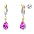 thumbnail image 1 of Gem Stone King 925 Silver and 10K Yellow Gold Pink Created Sapphire and White Lab Grown Diamond Dangle Earrings for Women | 1.98 Cttw | Gemstone September Birthstone | Pear Shape 8X5MM, 1 of 6