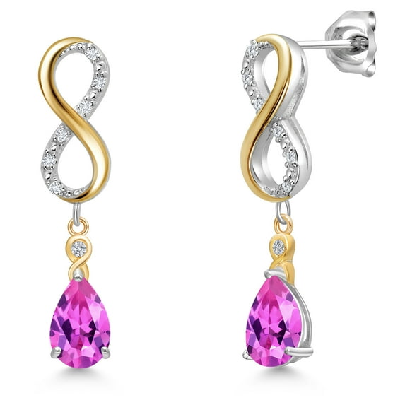 Gem Stone King 925 Silver and 10K Yellow Gold Pink Created Sapphire and White Lab Grown Diamond Dangle Earrings for Women | 1.98 Cttw | Gemstone September Birthstone | Pear Shape 8X5MM