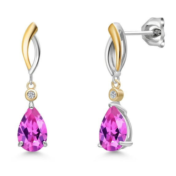 Gem Stone King 925 Silver and 10K Yellow Gold Pink Created Sapphire and White Lab Grown Diamond Earrings for Women | 3.22 Cttw | Gemstone September Birthstone | Pear Shape 9X6MM