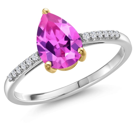 Gem Stone King 925 Silver and 10K Yellow Gold Pink Created Sapphire and White Lab Grown Diamond Engagement Ring for Women | 2.49 Cttw | Pear Shape 10X7MM | Gemstone September Birthstone | Size 6