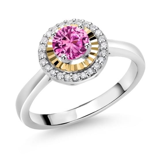 Gem Stone King 925 Silver and 10K Yellow Gold Pink Created Sapphire and White Lab Grown Diamond Halo Engagement Ring for Women (0.67 Cttw, Gemstone September Birthstone, Round 5MM, Size 7)