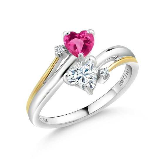 Gem Stone King 925 Silver and 10K Yellow Gold Pink Created Sapphire and White Moissanite 2 Heart Promise Couple Engagement Mother Ring (1.12 Cttw, Available in Size 5, 6, 7, 8, 9)