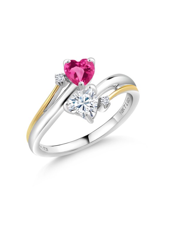 925 Silver and 10K Yellow Gold Pink Created Sapphire and White Moissanite 2 Heart Promise Couple Engagement Mother Ring (1.12 Cttw, Available in Size 5, 6, 7, 8, 9)