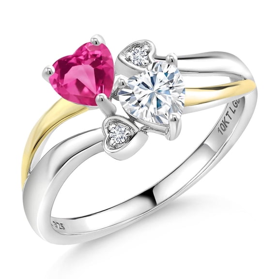 Gem Stone King 925 Silver and 10K Yellow Gold Pink Created Sapphire and White Moissanite and White Lab Grown Diamond Ring for Women (1.04 Cttw, September Birthstone, Heart Shape 5MM, Size 8)