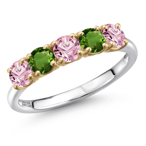 Gem Stone King 925 Silver and 10K Yellow Gold Pink Lab Grown Diamond and Green Tourmaline Wedding-Bands Ring for Women | 1.25 Cttw | Round 4MM | Gemstone April Birthstone | Size 6