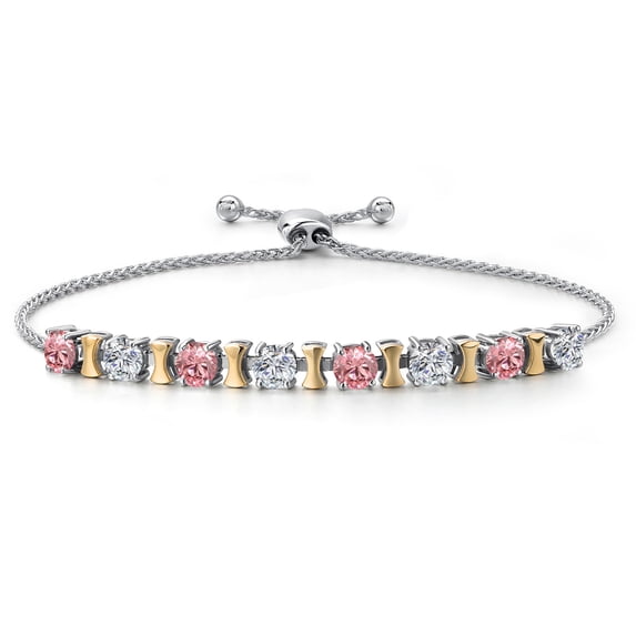Gem Stone King 925 Silver and 10K Yellow Gold Pink and White Lab Grown Diamond Bracelet for Women | 2.08 Cttw | Gemstone April Birthstone | Round 4MM | Adjustable up to 9 inch
