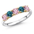 thumbnail image 1 of Gem Stone King 925 Silver and 10K Yellow Gold Pink Lab Grown Diamond and London Blue Topaz Wedding-Bands Ring for Women | 1.41 Cttw | Round 4MM | Gemstone April Birthstone | Size 7, 1 of 6