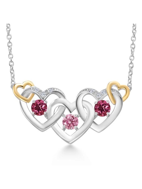 925 Silver and 10K Yellow Gold Pink Lab Grown Diamond Pink Tourmaline Heart Shape Pendant Necklace for Women (0.81 Cttw, with 18 inch Chain)