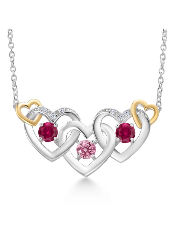 925 Silver and 10K Yellow Gold Pink Lab Grown Diamond Red Created Ruby Heart Shape Pendant Necklace for Women (0.81 Cttw, with 18 inch Chain)