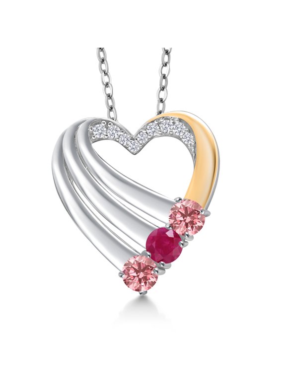 925 Silver and 10K Yellow Gold Pink Lab Grown Diamond and Red Ruby and White Lab Grown Diamond Heart Pendant for Women | 0.95 Cttw | Gemstone April Birthstone | With 18 inch Chain