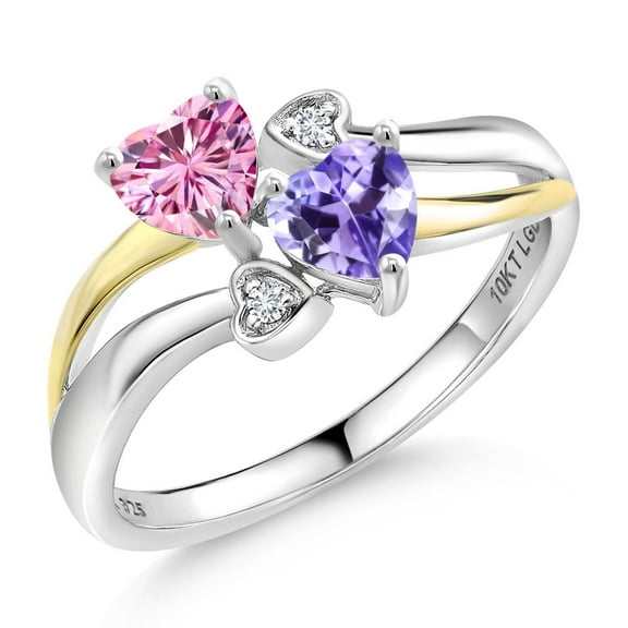 Gem Stone King 925 Silver and 10K Yellow Gold Pink Moissanite and Blue Tanzanite and White Lab Grown Diamond Ring for Women (1.02 Cttw, Gemstone, Heart Shape 5MM, Size 9)