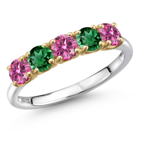 Gem Stone King 925 Silver and 10K Yellow Gold Pink Moissanite and Green Nano Emerald Wedding-Bands Ring for Women | 1.29 Cttw | Round 4MM | Gemstone Birthstone | Size 8