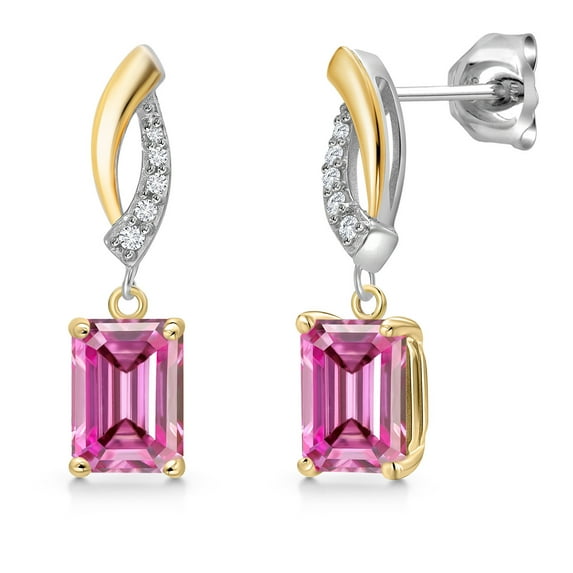 Gem Stone King 925 Silver and 10K Yellow Gold Pink Moissanite and Lab Grown Diamond Dangle Earrings for Women | 2.05 Cttw | Gemstone Birthstone | Emerald Cut 7X5MM