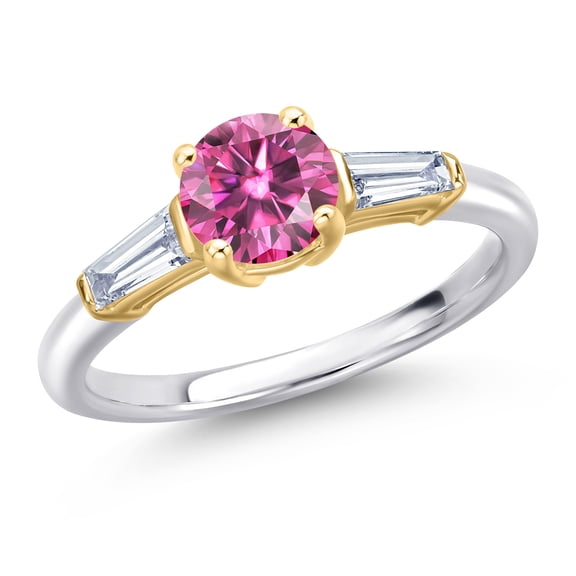 Gem Stone King 925 Silver and 10K Yellow Gold Pink Moissanite and Lab Grown Diamond Engagement Ring for Women | 1.30 Cttw | Round 6.5MM | Gemstone Birthstone | Size 5