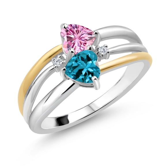Gem Stone King 925 Silver and 10K Yellow Gold Pink Moissanite and London Blue Topaz and White Lab Grown Diamond Band Ring for Women (1.07 Cttw, Gemstone, Heart Shape 5MM, Size 9)