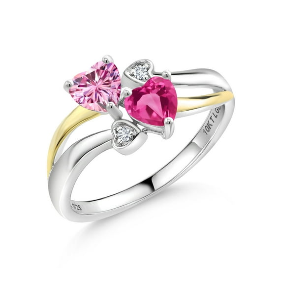 Gem Stone King 925 Silver and 10K Yellow Gold Pink Moissanite and Pink Created Sapphire and White Lab Grown Diamond Ring for Women (1.12 Cttw, Gemstone, Heart Shape 5MM, Size 5)