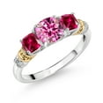 thumbnail image 1 of Gem Stone King 925 Silver and 10K Yellow Gold Pink Moissanite and Red Created Ruby and Diamond 3-Stone Ring for Women (1.76 Cttw, Gemstone Birthstone, Cushion 6MM and 4MM, Size 9), 1 of 3