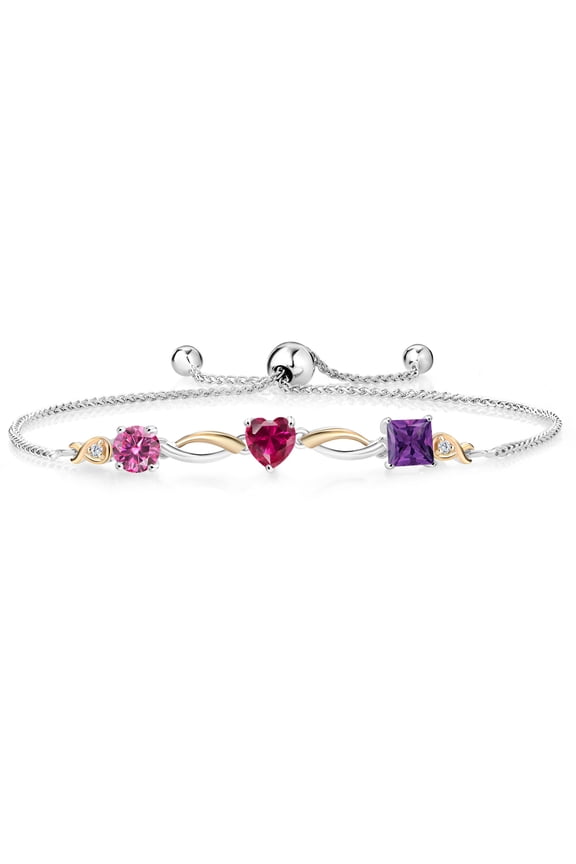 925 Silver and 10K Yellow Gold Pink Moissanite Red Created Ruby Purple Amethyst and Lab Grown Diamond Tennis Bracelet for Women By Keren Hanan (2.11 cttw, Adjustable up To 9 inch)
