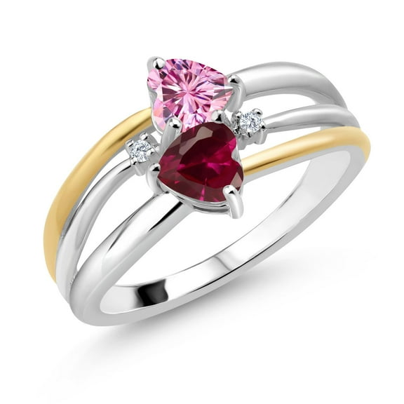 Gem Stone King 925 Silver and 10K Yellow Gold Pink Moissanite and Red Created Ruby and White Lab Grown Diamond Band Ring for Women (1.12 Cttw, Gemstone, Heart Shape 5MM, Size 9)
