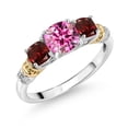 thumbnail image 1 of Gem Stone King 925 Silver and 10K Yellow Gold Pink Moissanite and Red Garnet and Diamond 3-Stone Ring for Women (1.88 Cttw, Gemstone Birthstone, Cushion 6MM and 4MM, Size 5), 1 of 3