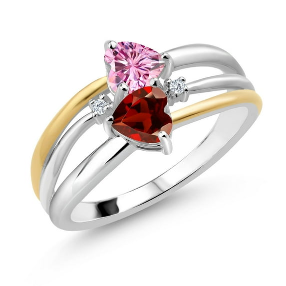 Gem Stone King 925 Silver and 10K Yellow Gold Pink Moissanite and Red Garnet and White Lab Grown Diamond Band Ring for Women (1.12 Cttw, Gemstone, Heart Shape 5MM, Size 8)