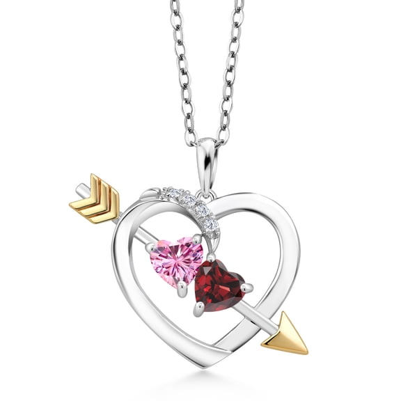 Gem Stone King 925 Silver and 10K Yellow Gold Pink Moissanite and Red Garnet and White Moissanite Pendant Necklace for Women (1.14 Cttw, with 18 inch Silver Chain)