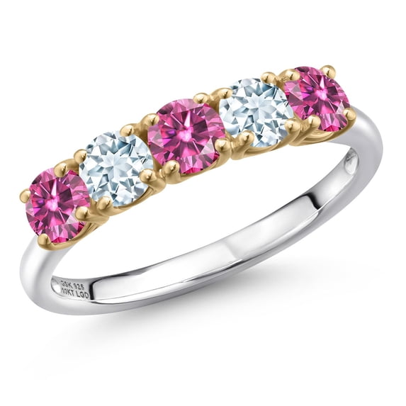 Gem Stone King 925 Silver and 10K Yellow Gold Pink Moissanite and Sky Blue Aquamarine Wedding-Bands Ring for Women | 1.19 Cttw | Round 4MM | Gemstone Birthstone | Size 6
