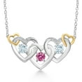 thumbnail image 1 of Gem Stone King 925 Silver and 10K Yellow Gold Pink Moissanite Sky Blue Aquamarine and White Lab Grown Diamond Heart Shape Pendant Necklace for Women (0.79 Cttw, with 18 inch Chain), 1 of 3